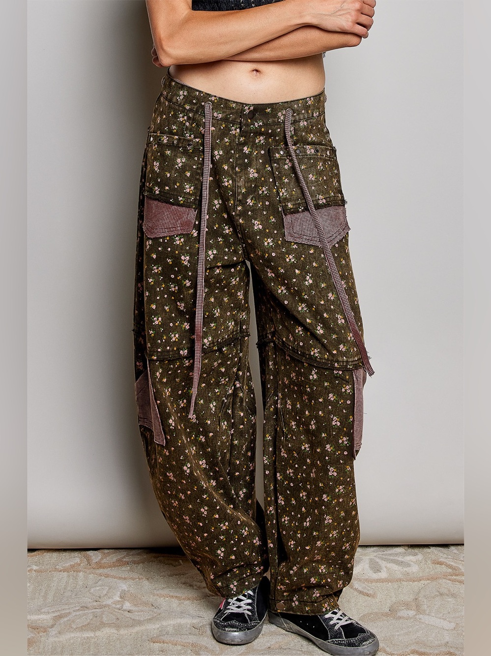 POL “Wildflower Rodeo” Floral Patchwork Barrel Pants